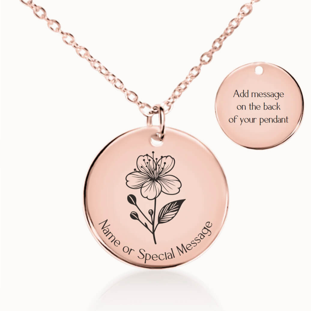 Personalized March Birth Flower Cherry Blossom Necklace in Rose Gold, Birthday Gift for Her