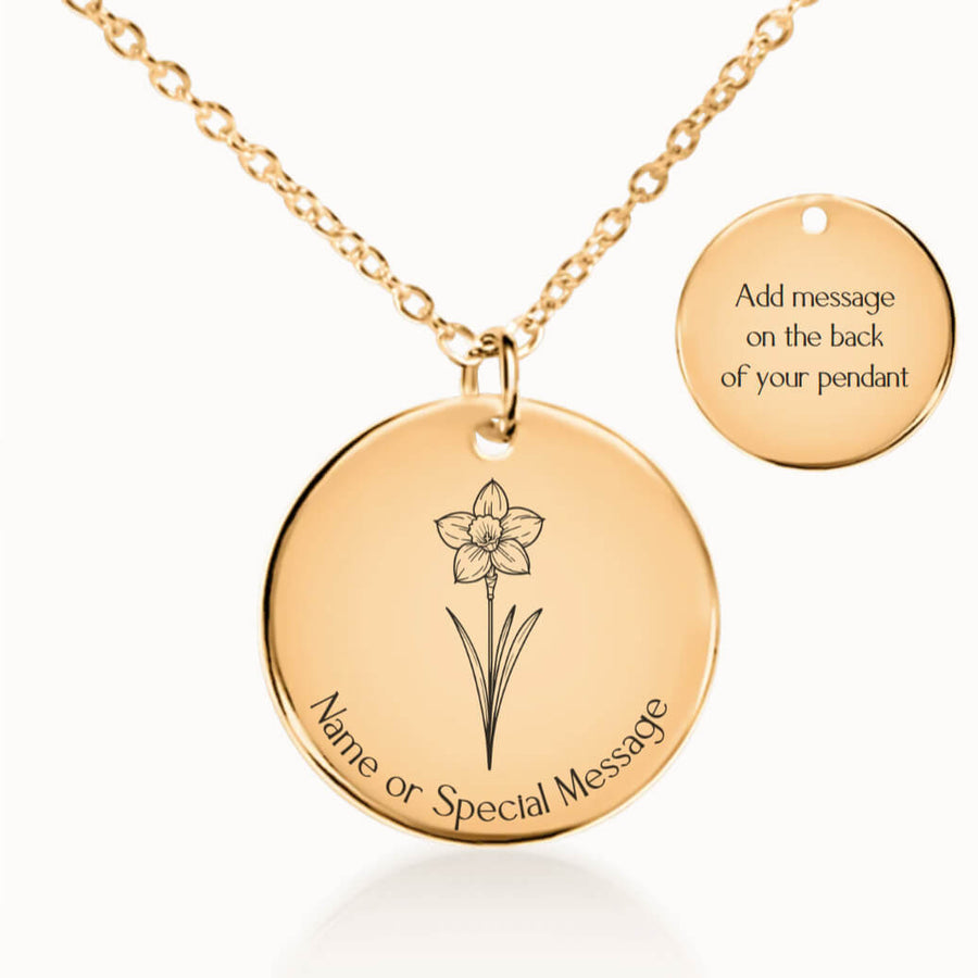 Personalized March Birth Flower Daffodil Necklace in Gold, Birthday Gift for Her