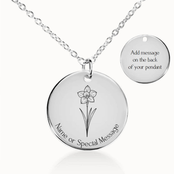 Personalized March Birth Flower Daffodil Necklace in Silver, Birthday Gift for Her