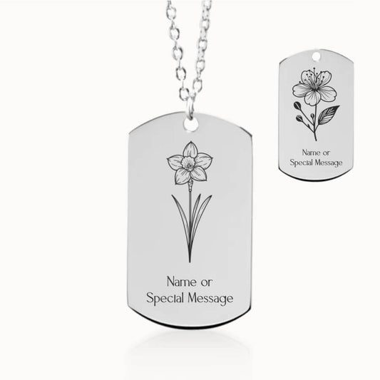 March Birth Month Flower Tag Pendant in Silver, Daffodil and Cherry Blossom Gift