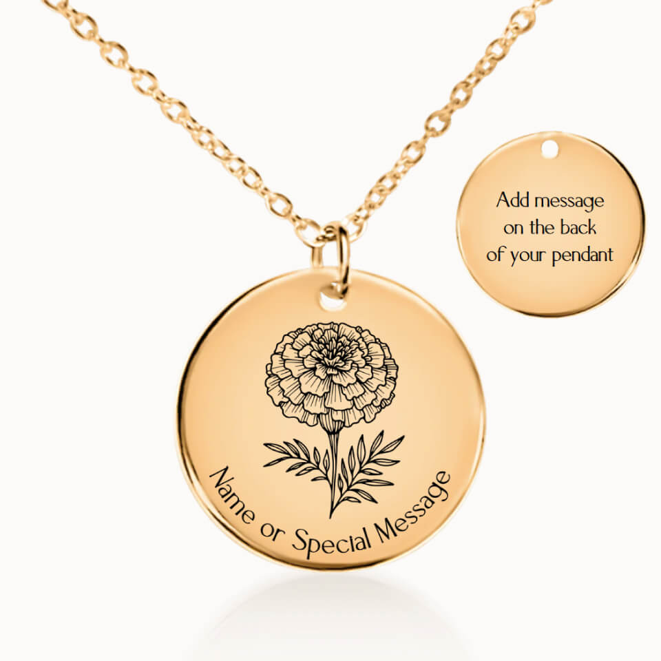 Marigold Birth Flower Pendant Necklace, Personalized October Birth Month Flower, Gift for Her, Gold