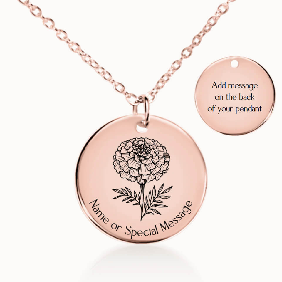 Marigold Birth Flower Pendant Necklace, Personalized October Birth Month Flower, Gift for Her, Rose Gold