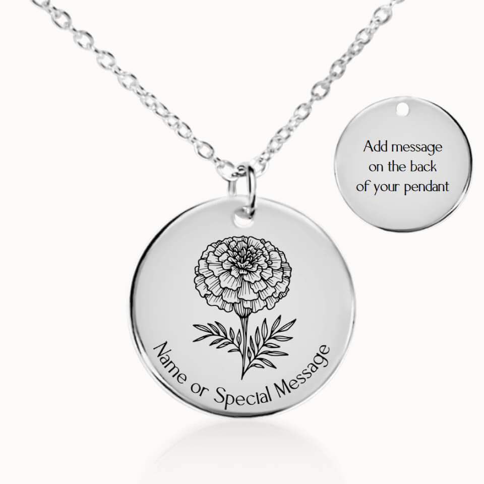 Marigold Birth Flower Pendant Necklace, Personalized October Birth Month Flower, Gift for Her, Silver