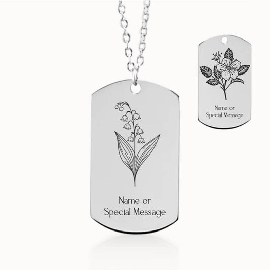 May Birth Month Flower Tag Pendant in Silver, Lily of the Valley and Hawthorn Gift