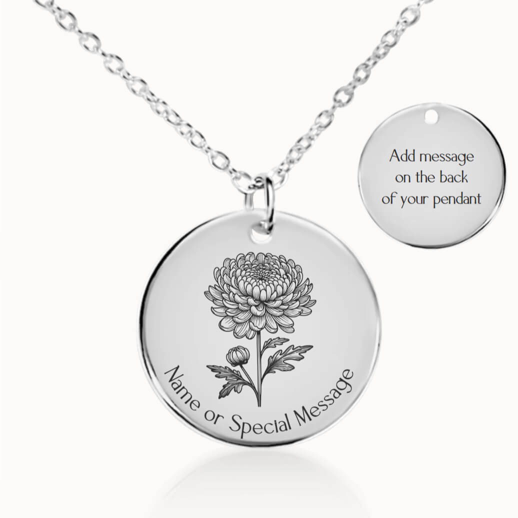 Personalized November Birth Flower Chrysanthemum Necklace in Silver, Birthday Gift for Her