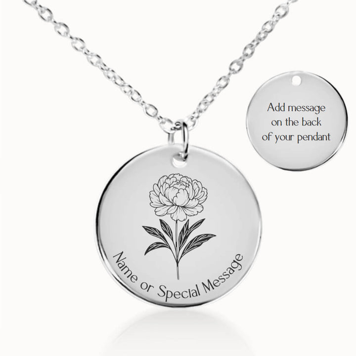 Personalized November Birth Flower Peony Necklace in Silver, Birthday Gift for Her