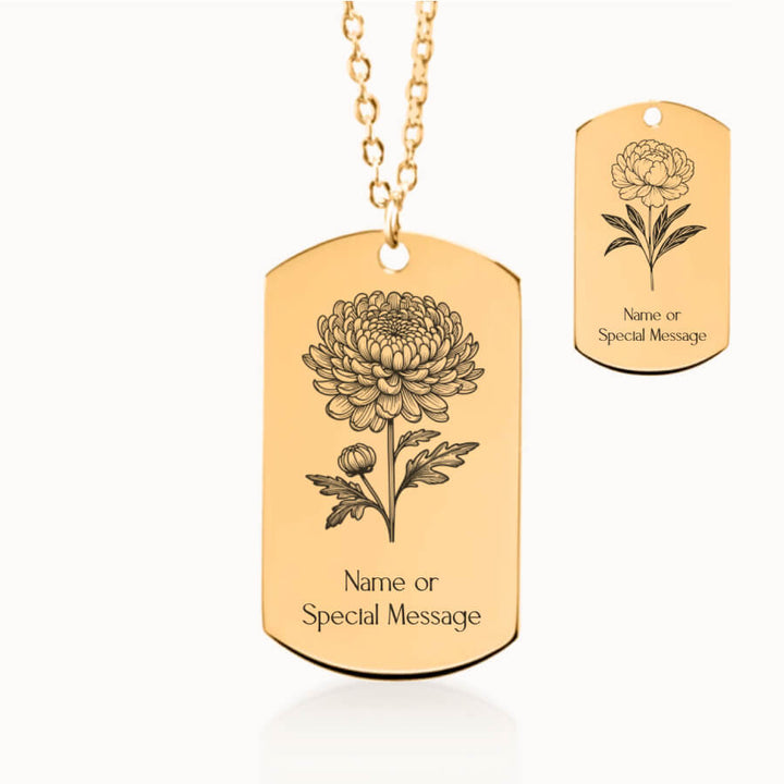 November Birth Month Flower Tag Pendant in Gold, Chrysanthemum and Peony Gift