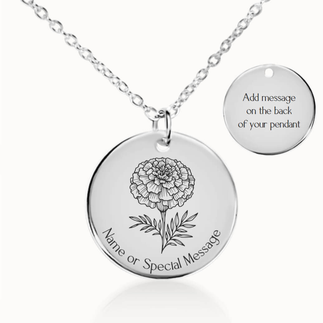 Personalized October Birth Flower Marigold Necklace in Silver, Birthday Gift for Her