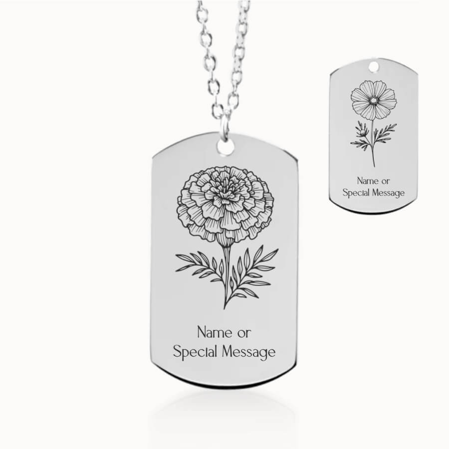 October Birth Month Flower Tag Pendant in Silver, Marigold and Cosmos Gift