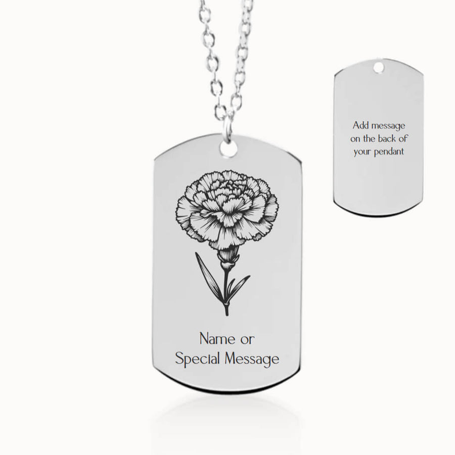 Personalized Carnation Birth Flower Tag Pendant Necklace in Silver, January Birthday Gift for Her