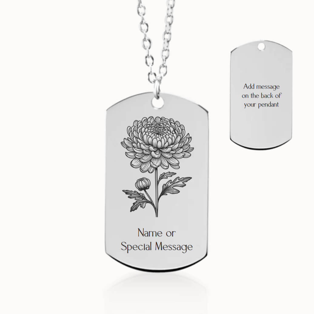 Personalized Chrysanthemum Birth Flower Tag Pendant Necklace in Silver, November Birthday Gift for Her