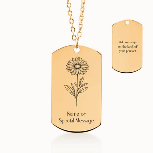 Personalized Daisy Birth Flower Tag Pendant Necklace in Gold, April Birthday Gift for Her