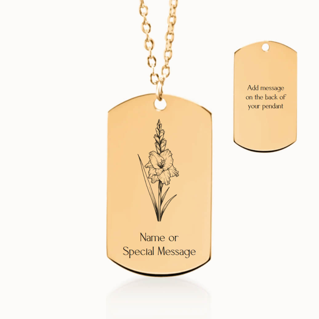 Personalized Gladiolus Birth Flower Tag Pendant Necklace in Gold, August Birthday Gift for Her