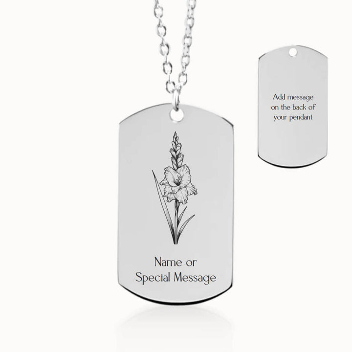 Personalized Gladiolus Birth Flower Tag Pendant Necklace in Silver, August Birthday Gift for Her