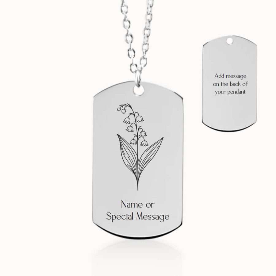 Personalized Lily of the Valley Birth Flower Tag Pendant Necklace in Silver, May Birthday Gift for Her