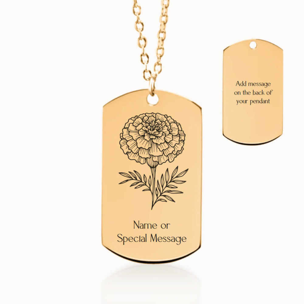 Personalized Marigold Birth Flower Tag Pendant Necklace in Gold, October Birthday Gift for Her