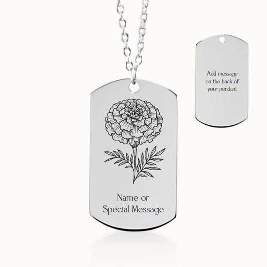 Personalized Marigold Birth Flower Tag Pendant Necklace in Silver, October Birthday Gift for Her