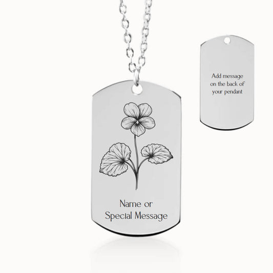 Personalized Violet Birth Flower Tag Pendant Necklace in Silver, February Birthday Gift for Her