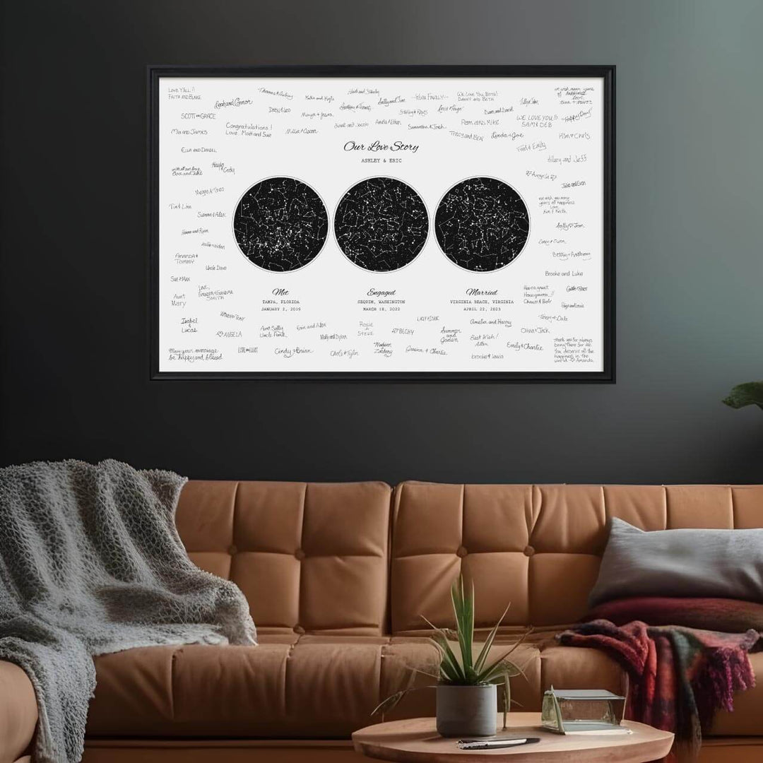 Custom Wedding Guest Book Alternative, Personalized Star Map with 3 Night Skies, Black Beveled Frame, Styled#color-finish_black-beveled-frame