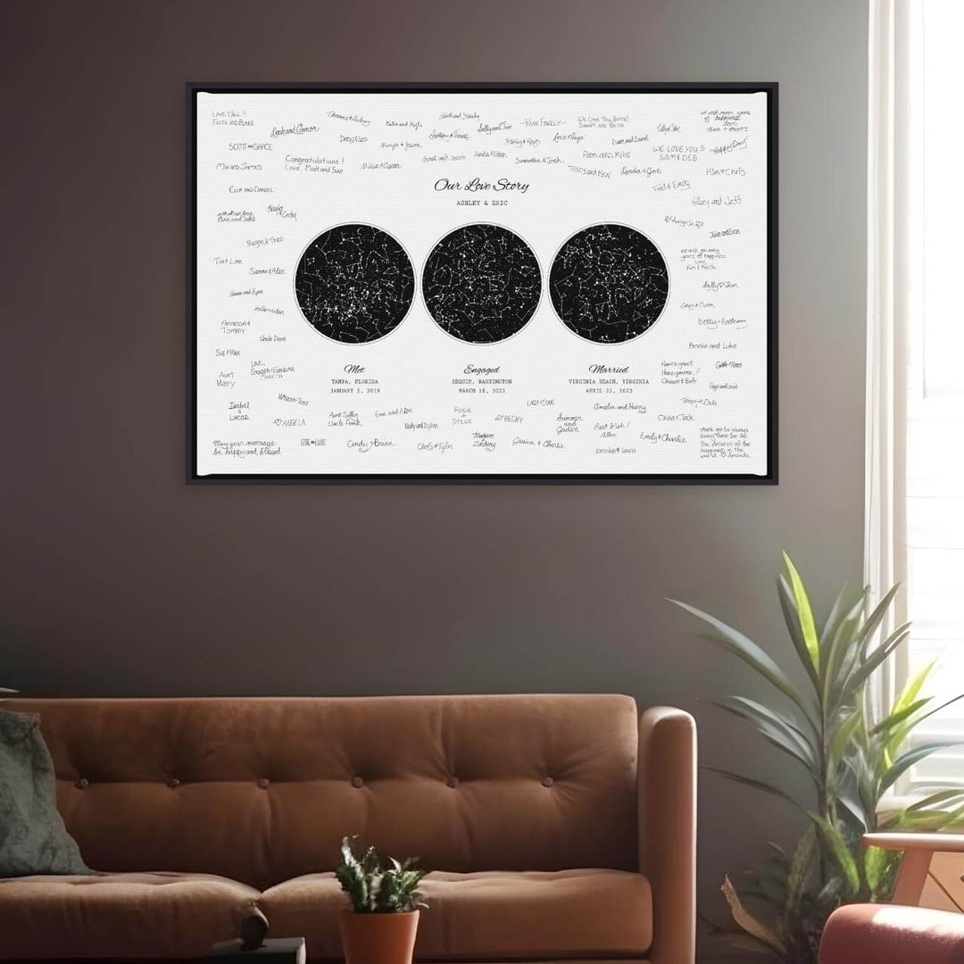 Custom Wedding Guest Book Alternative, Personalized Star Map with 3 Night Skies, Black Floater Frame, Styled#color-finish_black-floater-frame