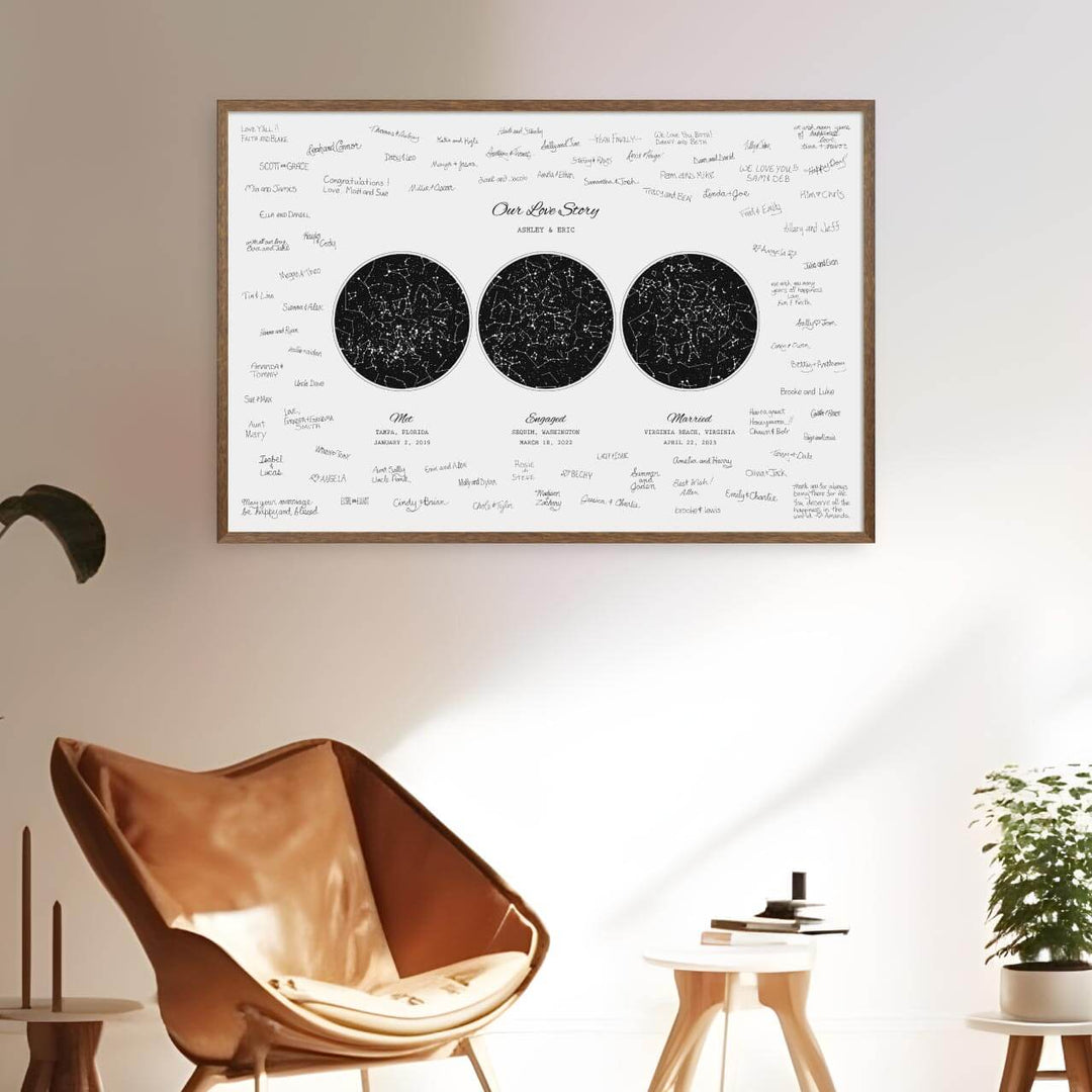 Custom Wedding Guest Book Alternative, Personalized Star Map with 3 Night Skies, Walnut Thin Frame, Styled#color-finish_walnut-thin-frame
