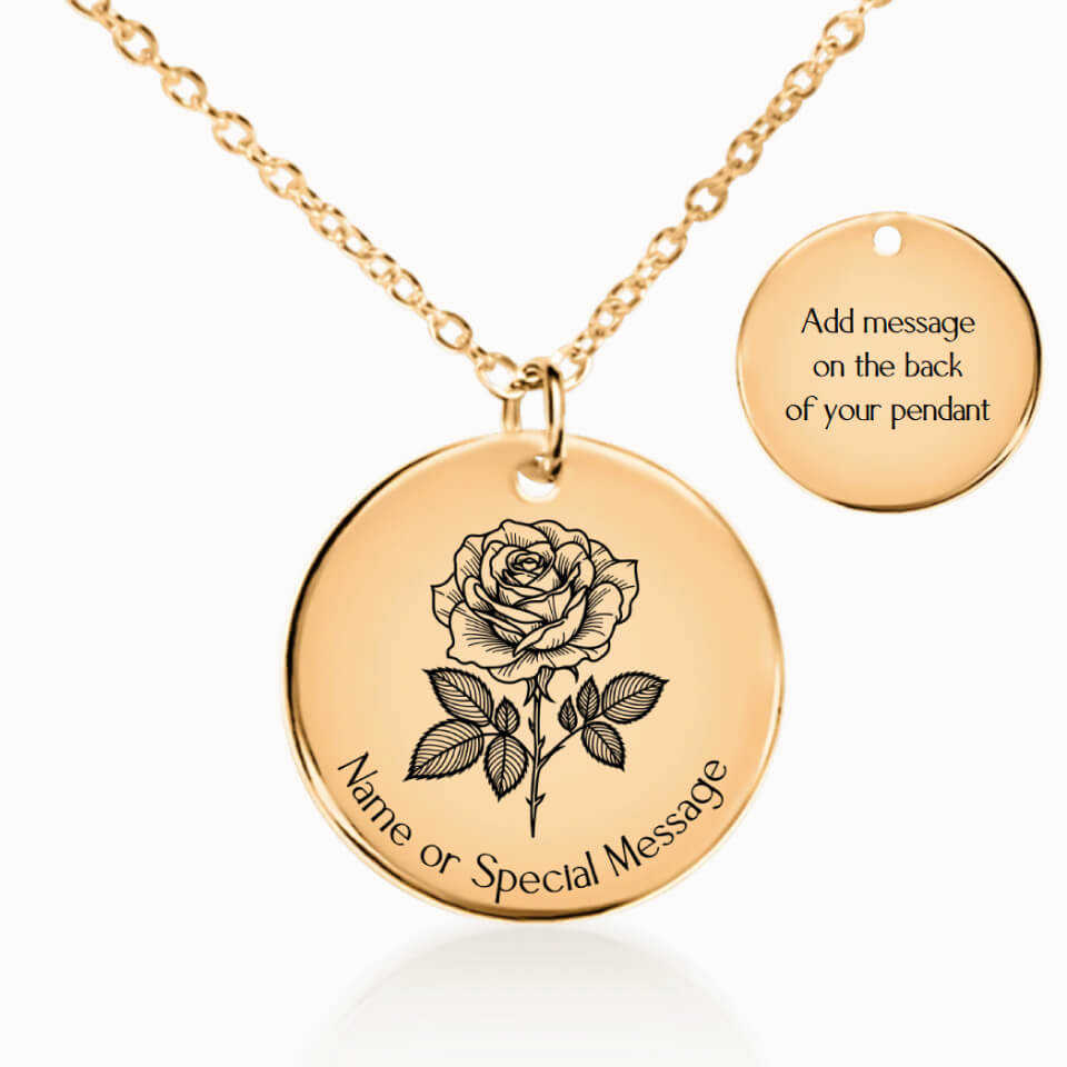 Rose Birth Flower Pendant Necklace, Personalized June Birth Month Flower, Gift for Her, Gold