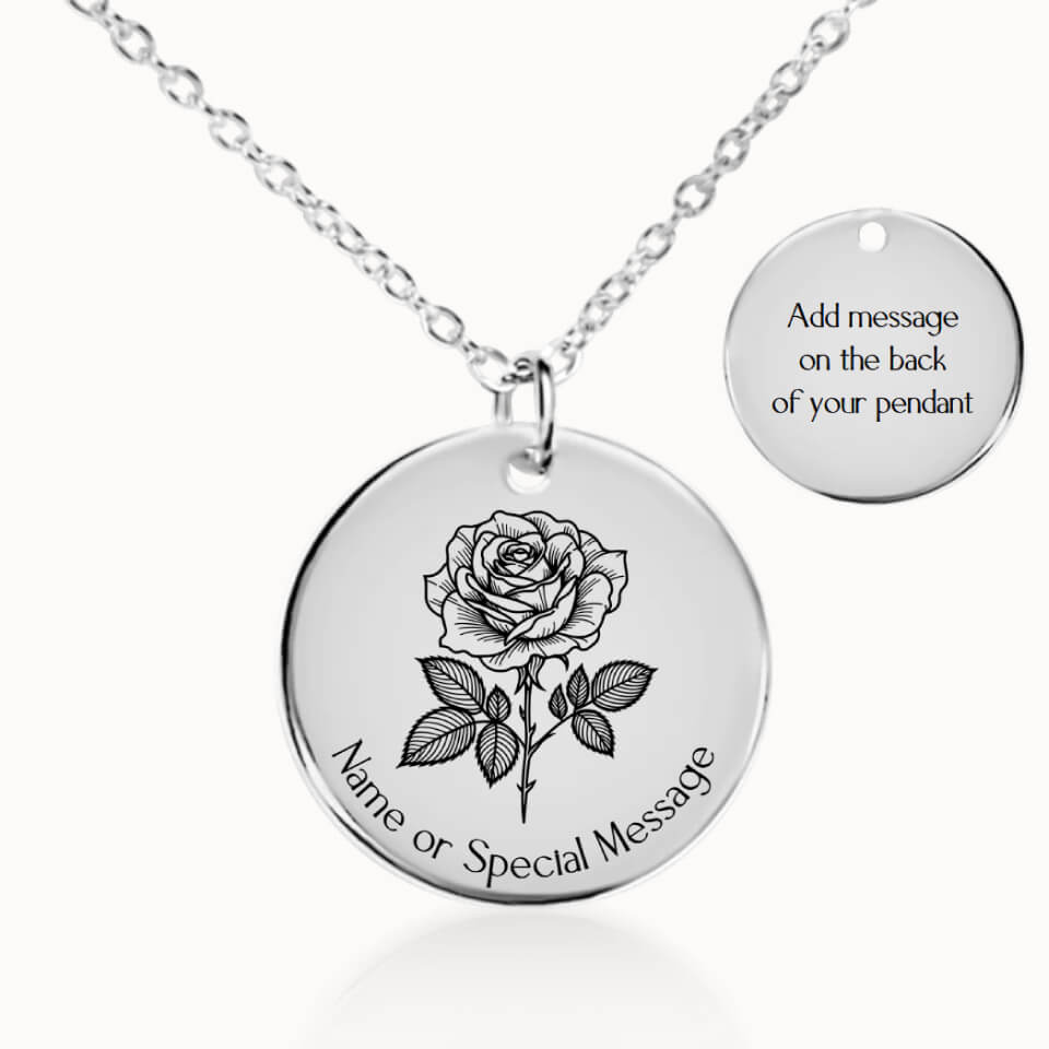 Rose Birth Flower Pendant Necklace, Personalized June Birth Month Flower, Gift for Her, Silver