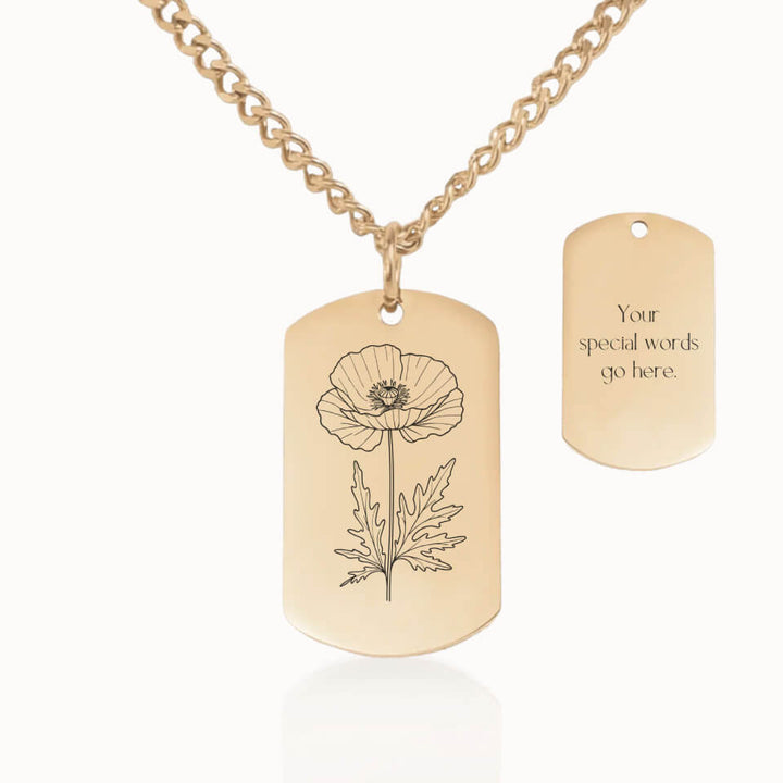 Tag Birth Flower Necklace with Cuban Link Chain in Gold, Personalized Gift, Designed With Meaning