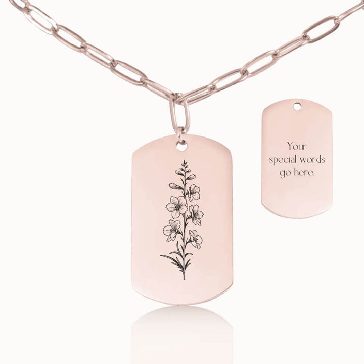 Personalized Tag Birth Flower Necklace with Paperclip Chain in Rose Gold, Personalized Necklace Gift, Designed With Meaning