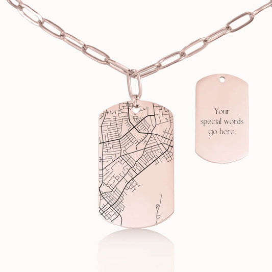 Tag City Street Map Necklace with Paperclip Chain in Rose Gold, Personalized Gift, Designed With Meaning