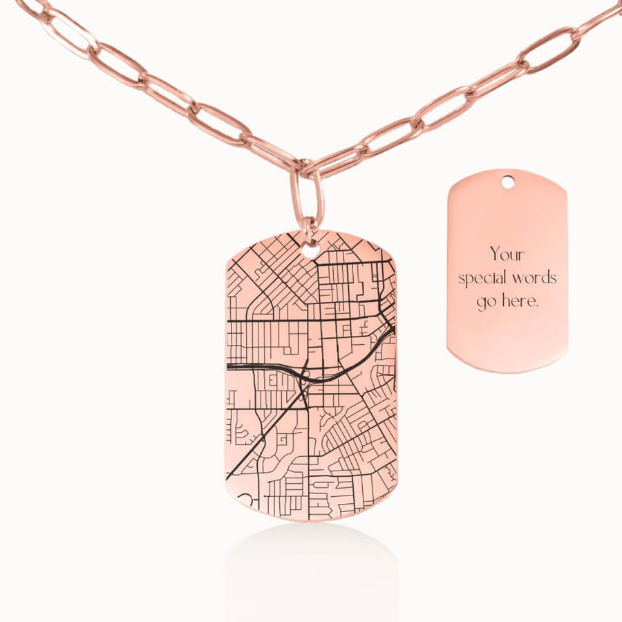 Tag City Street Map Necklace with Paperclip Chain in Rose Gold, Personalized Gift, Designed With Meaning