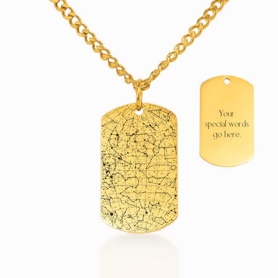 Tag Star Map Necklace with Cuban Link Chain in Gold, Personalized Gift, Designed With Meaning