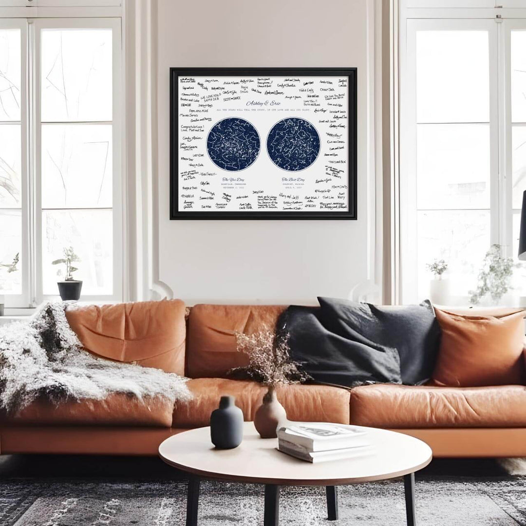 Personalized Wedding Guestbook Alternative, Star Map Personalized with 2 Night Skies, Black Beveled Frame, Styled#color-finish_black-beveled-frame