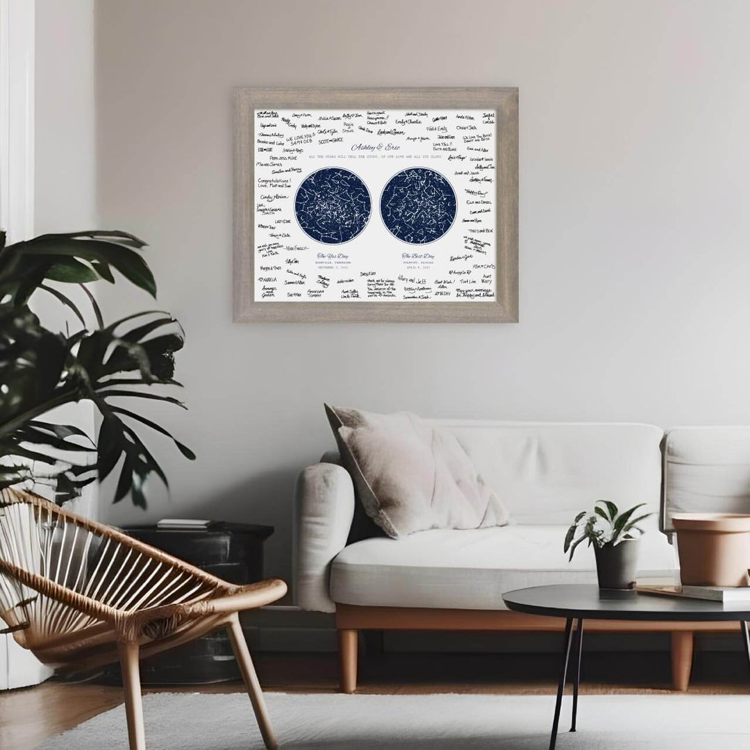Personalized Wedding Guestbook Alternative, Star Map Personalized with 2 Night Skies, Gray Wide Frame, Styled#color-finish_gray-wide-frame