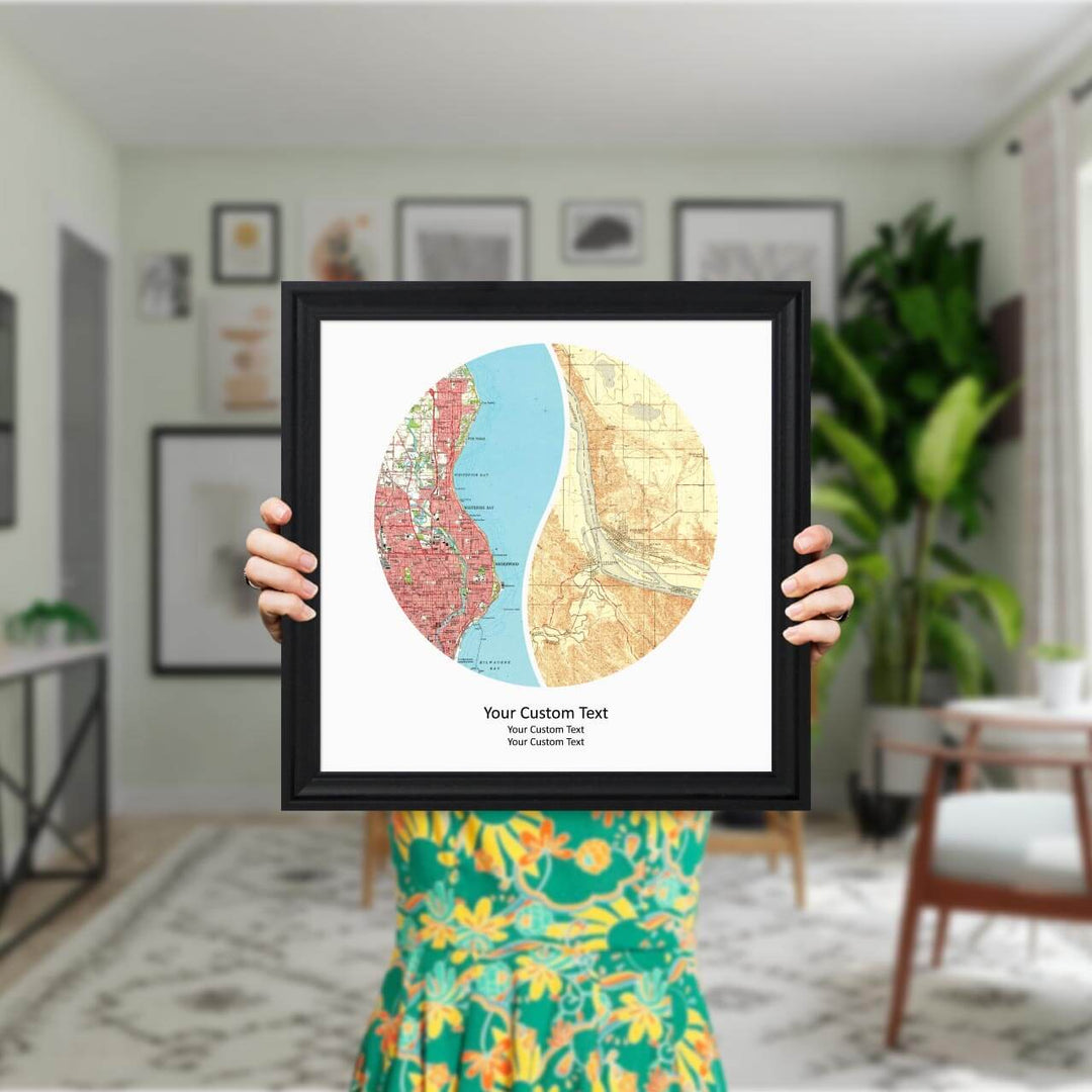 Circle Shape Atlas Art Personalized with 2 Joining Maps, Styled#color-finish_black-beveled-frame