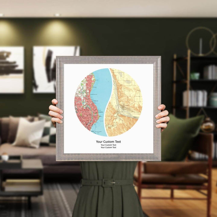 Circle Shape Atlas Art Personalized with 2 Joining Maps, Styled#color-finish_gray-beveled-frame