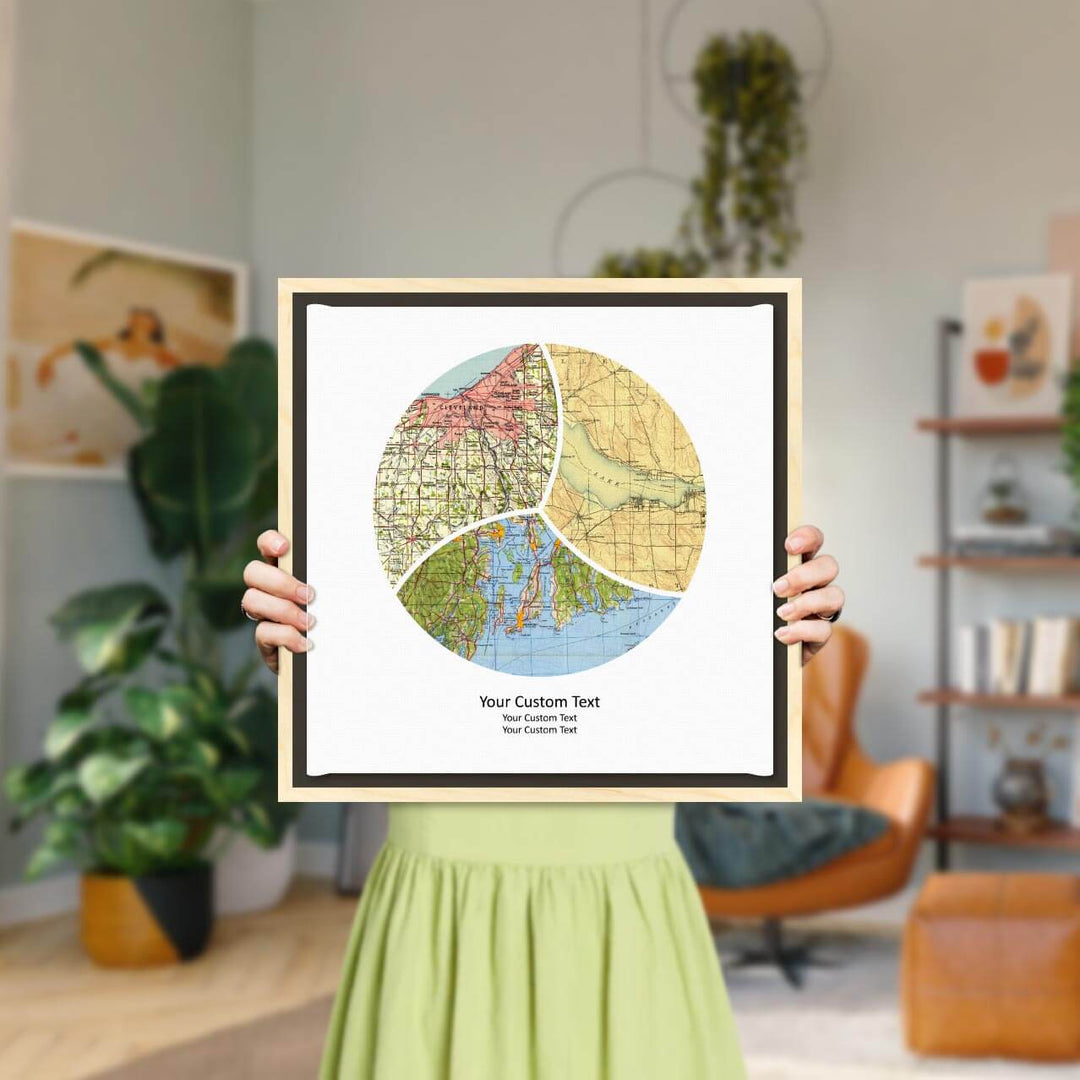 Circle Shape Atlas Art Personalized with 3 Joining Maps, Styled#color-finish_light-wood-floater-frame