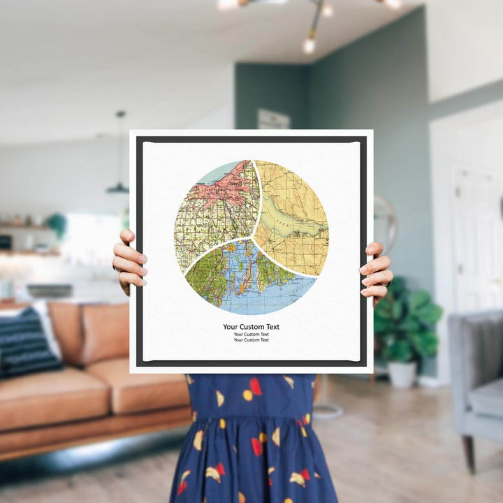 Circle Shape Atlas Art Personalized with 3 Joining Maps, Styled#color-finish_white-floater-frame