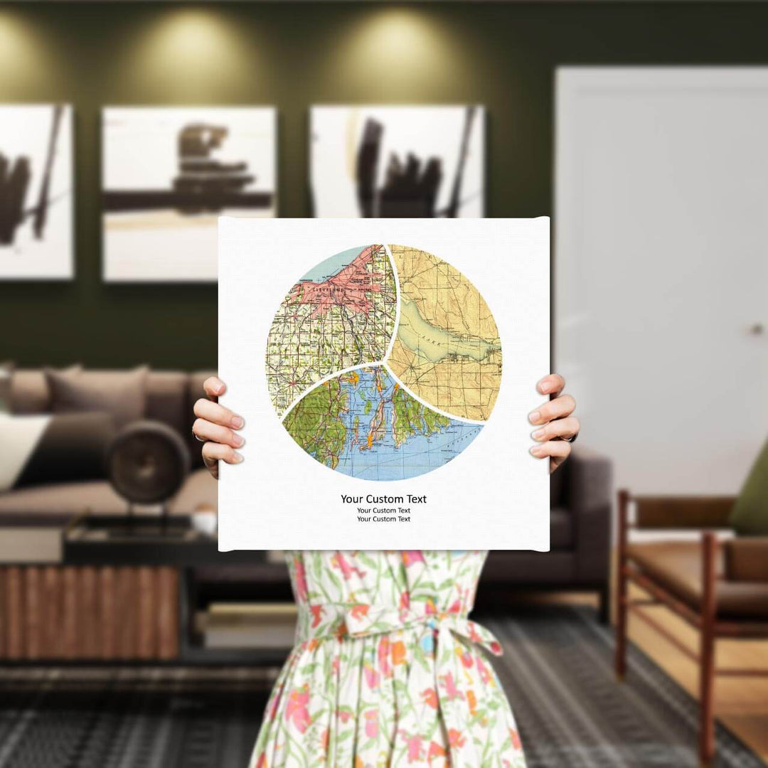 Circle Shape Atlas Art Personalized with 3 Joining Maps, Styled#color-finish_wrapped-canvas