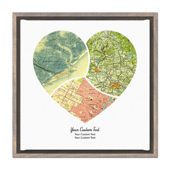 Heart Shape Atlas Art Personalized with 3 Joining Maps#color-finish_gray-floater-frame