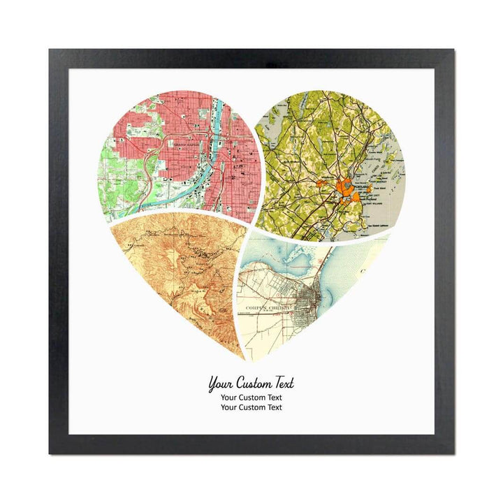 Heart Shape Atlas Art Personalized with 4 Joining Maps#color-finish_black-thin-frame