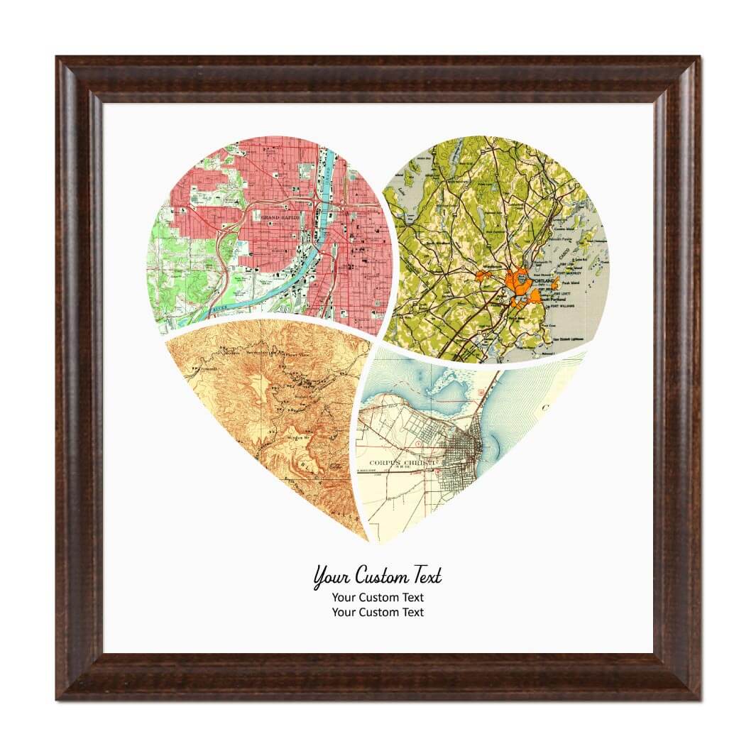 Heart Shape Atlas Art Personalized with 4 Joining Maps#color-finish_espresso-beveled-frame