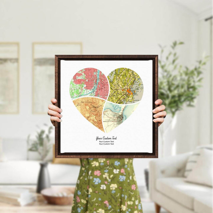 Heart Shape Atlas Art Personalized with 4 Joining Maps, Styled#color-finish_espresso-floater-frame