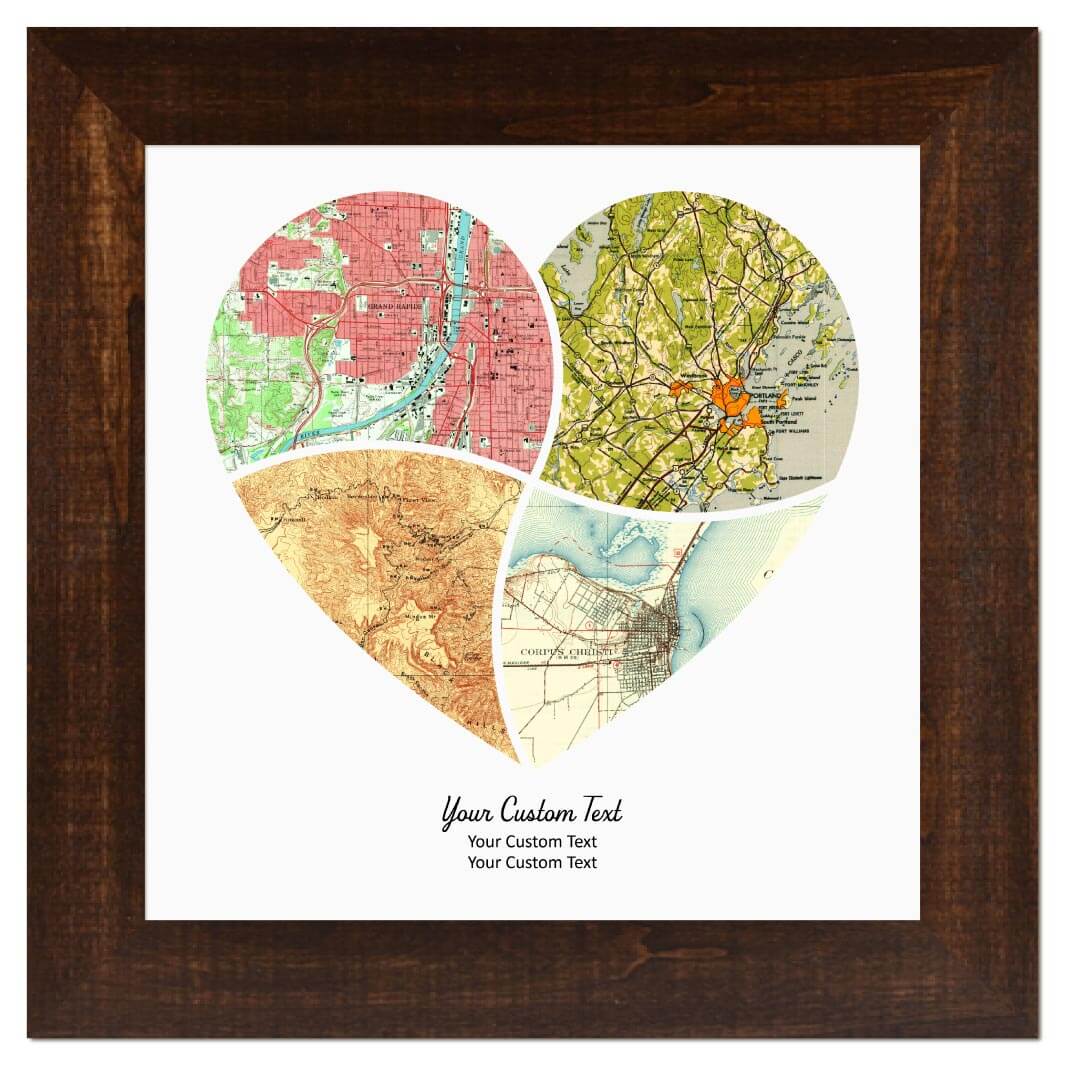 Heart Shape Atlas Art Personalized with 4 Joining Maps#color-finish_espresso-wide-frame