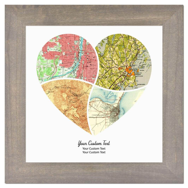 Heart Shape Atlas Art Personalized with 4 Joining Maps#color-finish_gray-wide-frame
