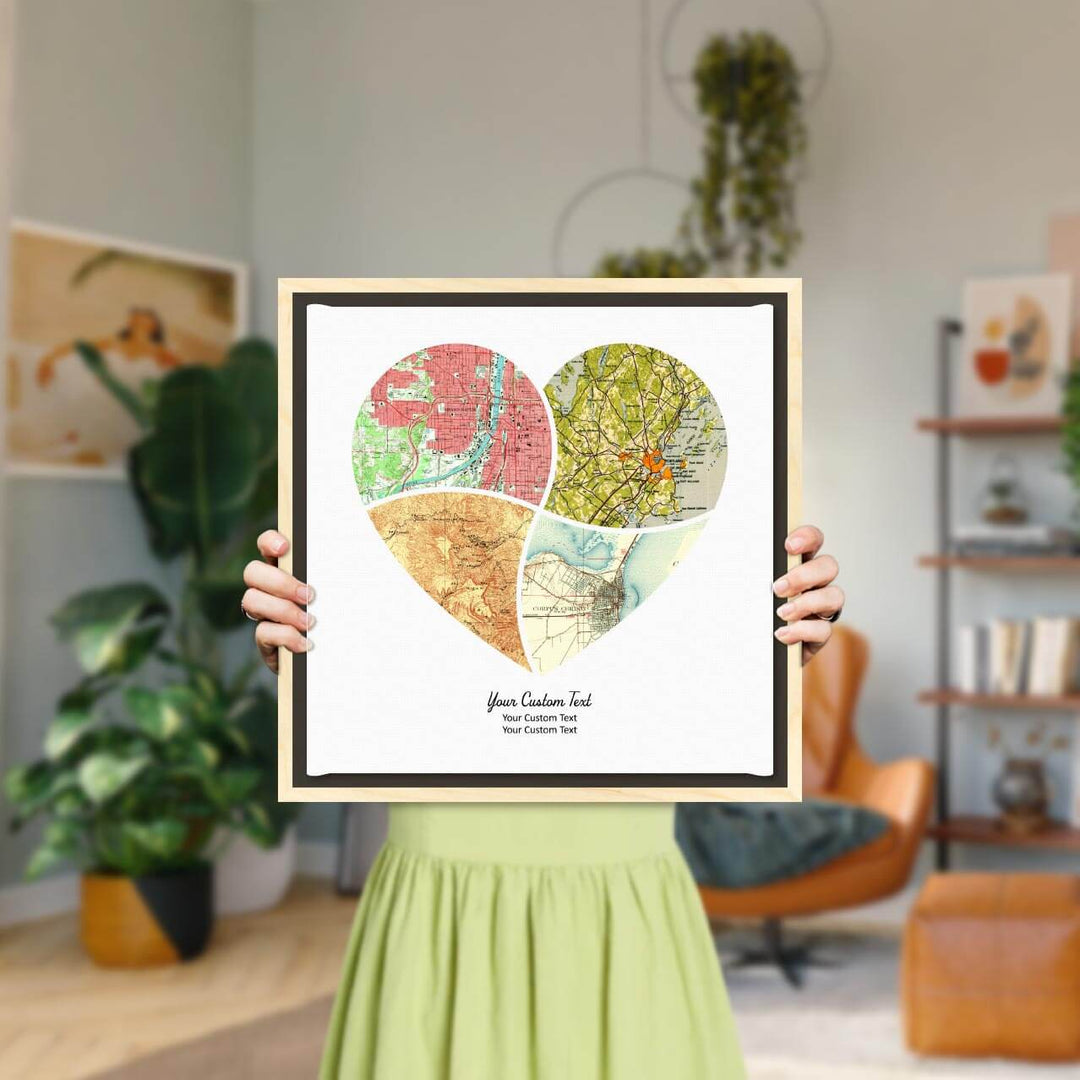 Heart Shape Atlas Art Personalized with 4 Joining Maps, Styled#color-finish_light-wood-floater-frame