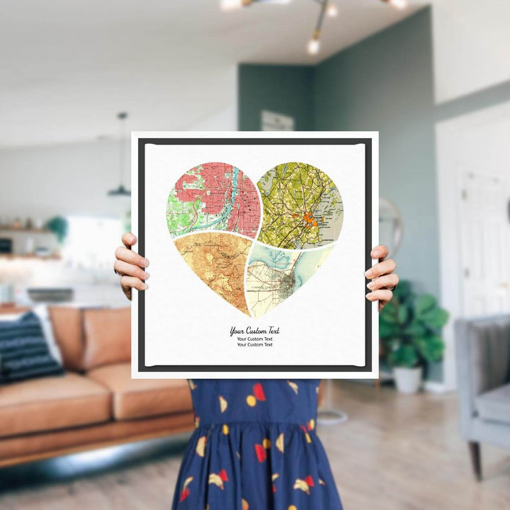 Heart Shape Atlas Art Personalized with 4 Joining Maps, Styled#color-finish_white-floater-frame