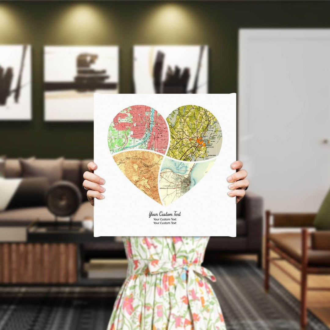 Heart Shape Atlas Art Personalized with 4 Joining Maps, Styled#color-finish_wrapped-canvas