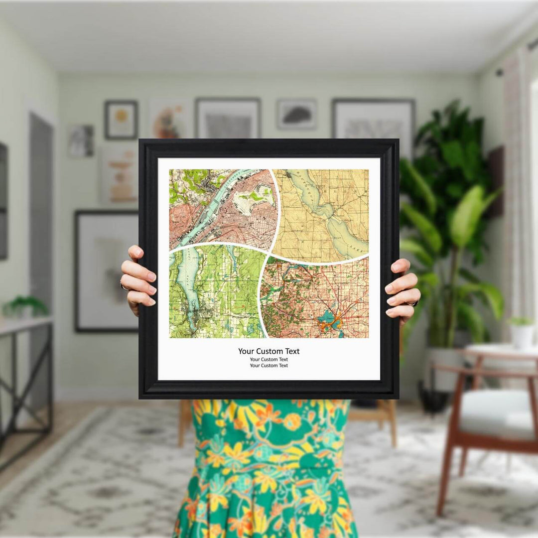 Rectangle Shape Atlas Art Personalized with 4 Joining Maps, Styled#color-finish_black-beveled-frame