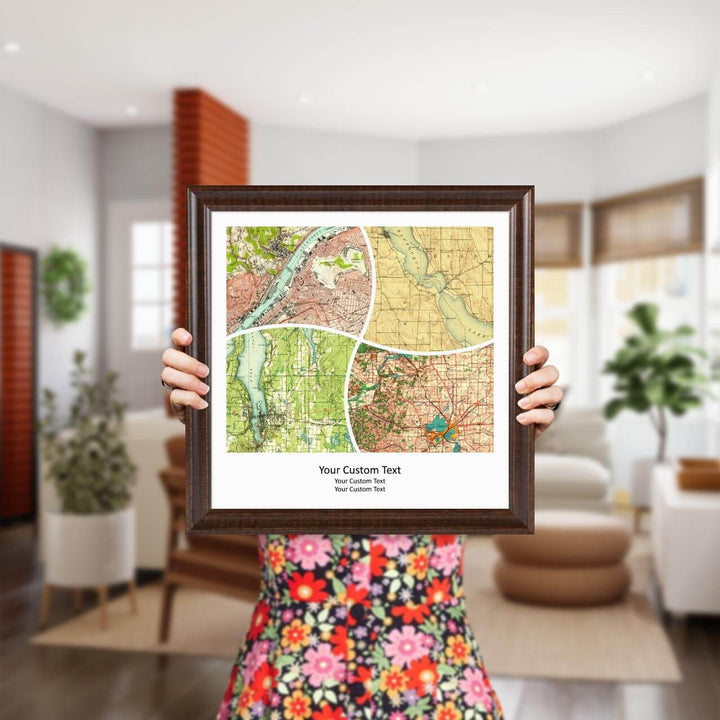 Rectangle Shape Atlas Art Personalized with 4 Joining Maps, Styled#color-finish_espresso-beveled-frame